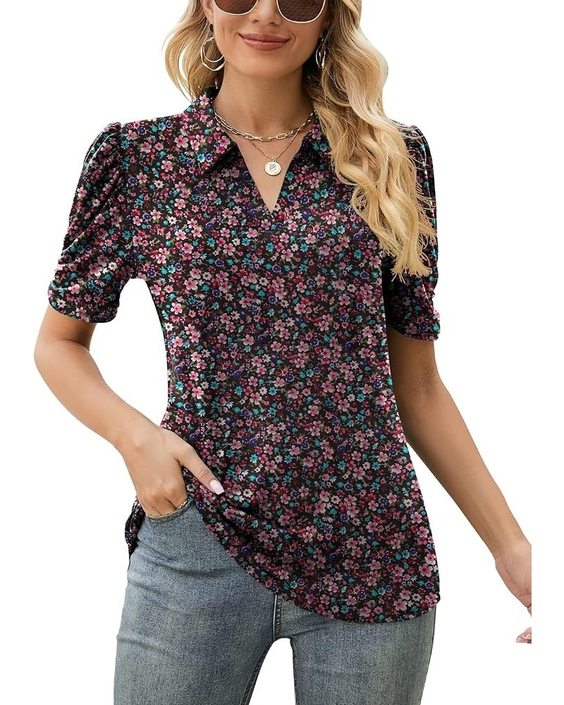 Women's Short Sleeve Polo Shirts V Neck Casual Collared Tops Work Tunic Blouses Black Red Floral $12.18 Shirts