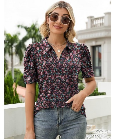 Women's Short Sleeve Polo Shirts V Neck Casual Collared Tops Work Tunic Blouses Black Red Floral $12.18 Shirts