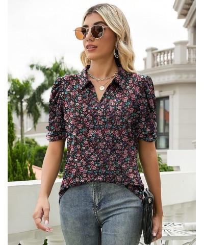 Women's Short Sleeve Polo Shirts V Neck Casual Collared Tops Work Tunic Blouses Black Red Floral $12.18 Shirts