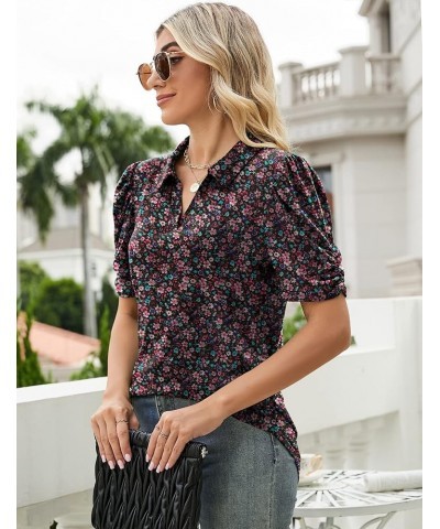 Women's Short Sleeve Polo Shirts V Neck Casual Collared Tops Work Tunic Blouses Black Red Floral $12.18 Shirts