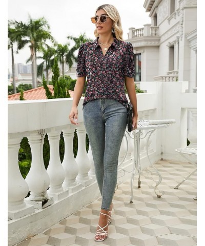 Women's Short Sleeve Polo Shirts V Neck Casual Collared Tops Work Tunic Blouses Black Red Floral $12.18 Shirts