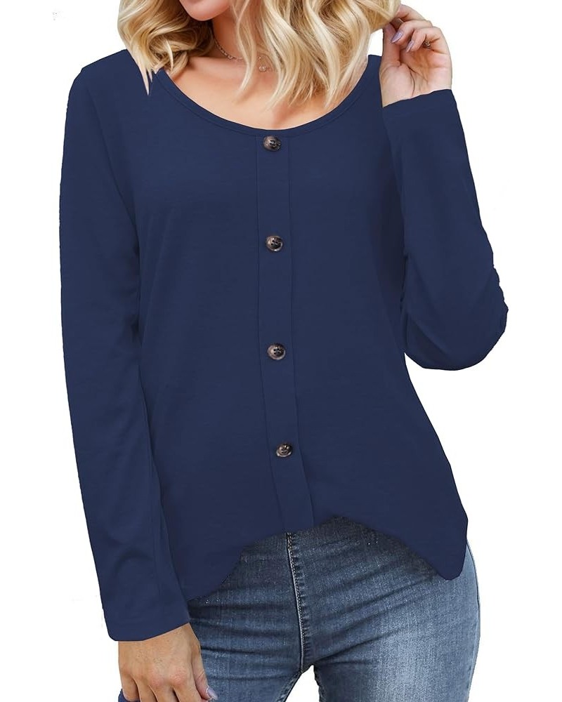 Long Sleeve Shirts for Women Casual Fall Blouses Scoop Neck Tops Navy Blue $8.50 T-Shirts