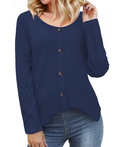 Long Sleeve Shirts for Women Casual Fall Blouses Scoop Neck Tops Navy Blue $8.50 T-Shirts