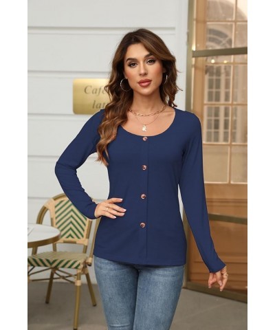 Long Sleeve Shirts for Women Casual Fall Blouses Scoop Neck Tops Navy Blue $8.50 T-Shirts