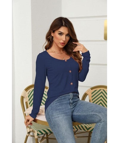 Long Sleeve Shirts for Women Casual Fall Blouses Scoop Neck Tops Navy Blue $8.50 T-Shirts