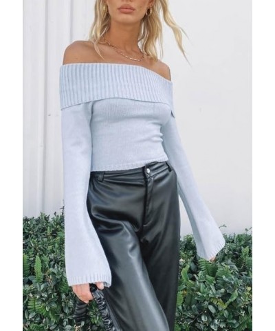 Off The Shoulder Sweater for Women Sexy Long Sleeve Knit Pullover Jumper Slim Fit Crop Tube Top One Shoulder Shirts Bell Slee...