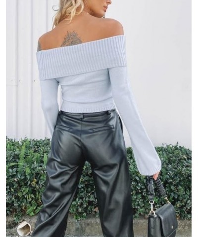 Off The Shoulder Sweater for Women Sexy Long Sleeve Knit Pullover Jumper Slim Fit Crop Tube Top One Shoulder Shirts Bell Slee...