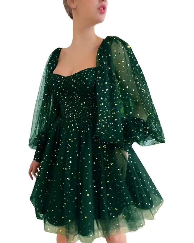 Women's Sparkle Starry Tulle Homecoming Dresses Puffy Sleeve Short Prom Dresses Party Gowns for Teens B-hunter Green $30.08 D...