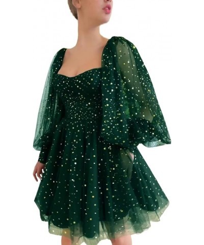 Women's Sparkle Starry Tulle Homecoming Dresses Puffy Sleeve Short Prom Dresses Party Gowns for Teens B-hunter Green $30.08 D...