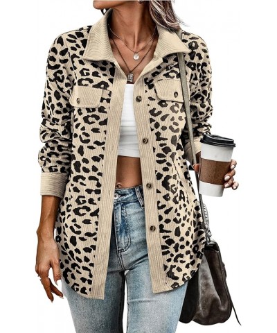 Womens Leopard Corduroy Shacket Lapel Long Sleeve Button Down Shirt Jacket Coat with Pockets Apricot $17.62 Jackets