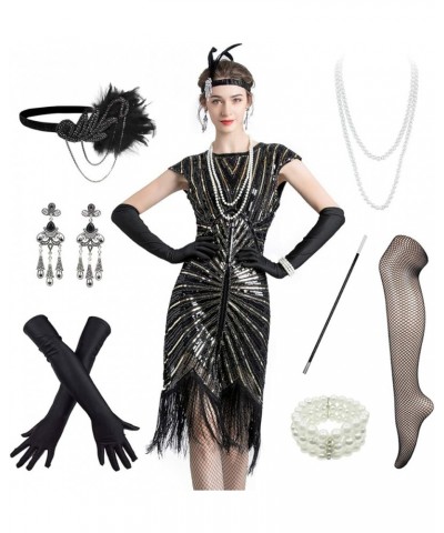 1920s Vintage Inspired Sequin Embellished Fringe Long Gatsby Tassels Hem Flapper Dress 20s Accessories Set Black Gold $25.28 ...