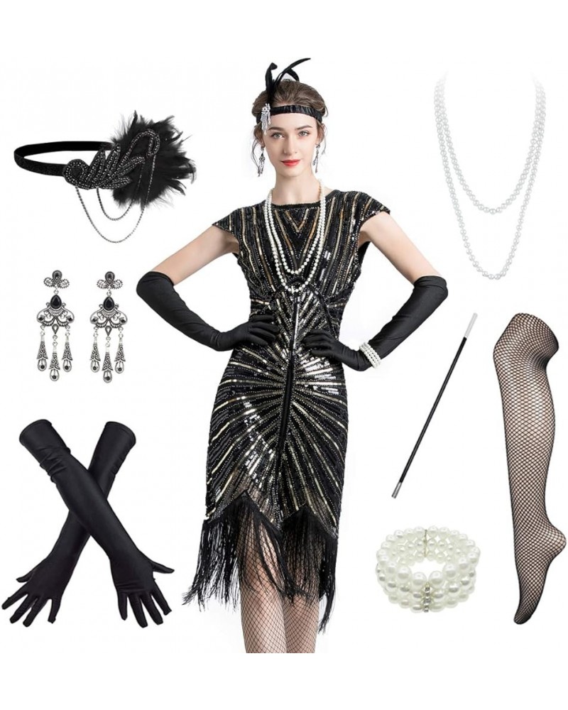 1920s Vintage Inspired Sequin Embellished Fringe Long Gatsby Tassels Hem Flapper Dress 20s Accessories Set Black Gold $25.28 ...