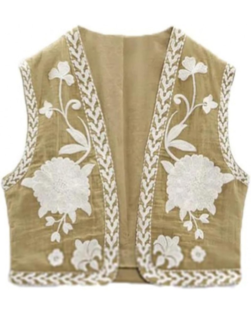 Women Embroidered Vest Top Y2k Vintage Open Front Floral Boho Cropped Waistcoat A1 Khaki $12.18 Vests