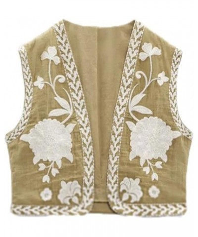 Women Embroidered Vest Top Y2k Vintage Open Front Floral Boho Cropped Waistcoat A1 Khaki $12.18 Vests