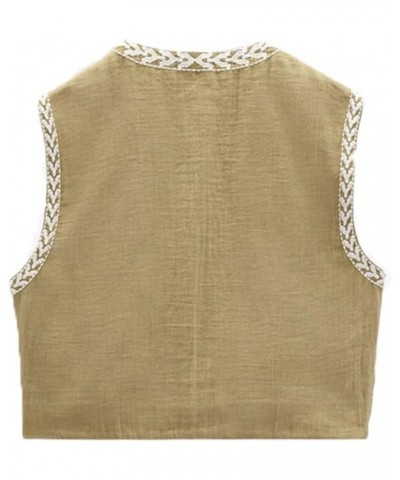 Women Embroidered Vest Top Y2k Vintage Open Front Floral Boho Cropped Waistcoat A1 Khaki $12.18 Vests