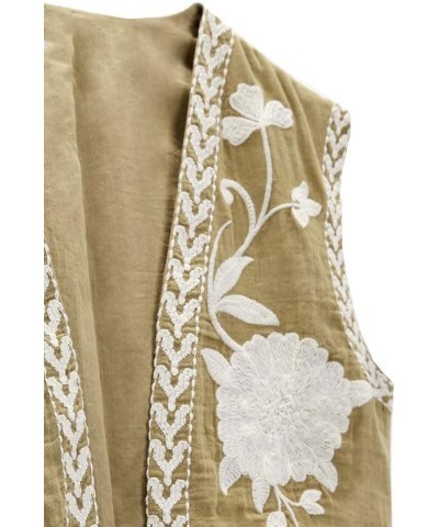 Women Embroidered Vest Top Y2k Vintage Open Front Floral Boho Cropped Waistcoat A1 Khaki $12.18 Vests