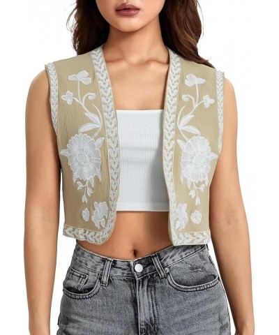 Women Embroidered Vest Top Y2k Vintage Open Front Floral Boho Cropped Waistcoat A1 Khaki $12.18 Vests