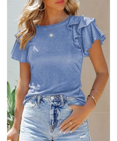 Womens Summer Tops Crewneck Ruffle Short Sleeve Solid Slim Fit Casual Blouses Shirts Sky Blue $9.01 Blouses