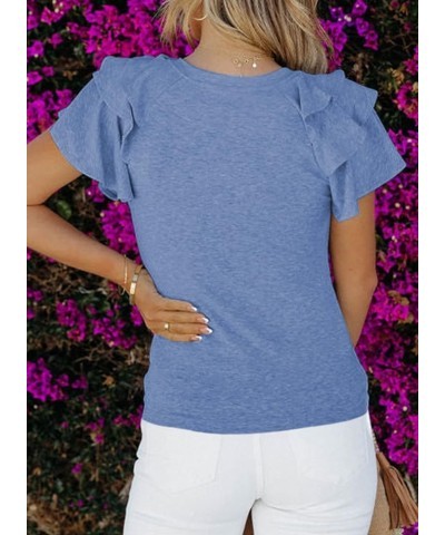 Womens Summer Tops Crewneck Ruffle Short Sleeve Solid Slim Fit Casual Blouses Shirts Sky Blue $9.01 Blouses