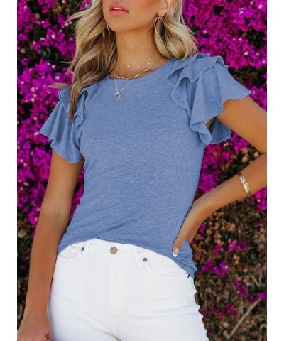 Womens Summer Tops Crewneck Ruffle Short Sleeve Solid Slim Fit Casual Blouses Shirts Sky Blue $9.01 Blouses