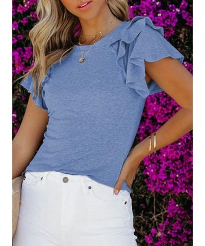 Womens Summer Tops Crewneck Ruffle Short Sleeve Solid Slim Fit Casual Blouses Shirts Sky Blue $9.01 Blouses