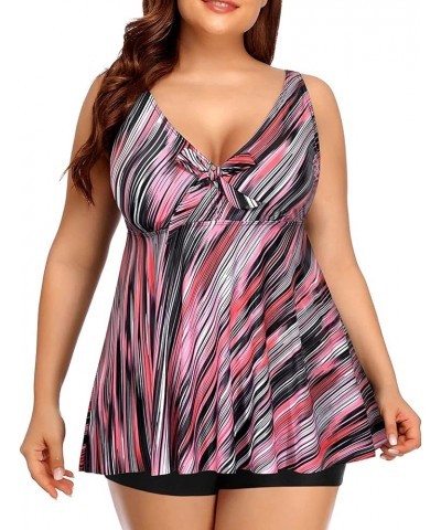 Two Piece Plus Size Tankini Swimsuits for Women Flowy Bathing Suits with Shorts Tummy Control Swimwear Pink Striped $16.72 Sw...