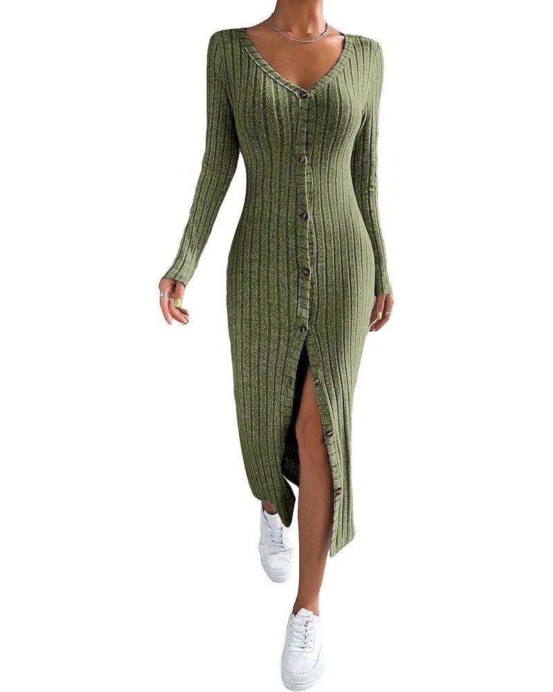 Women's Long Sleeve V Neck Button Down Ribbed Knit Bodycon Long Dress Dark Green $11.75 Sweaters