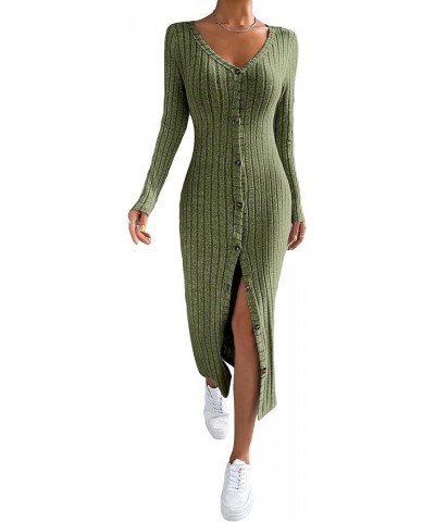 Women's Long Sleeve V Neck Button Down Ribbed Knit Bodycon Long Dress Dark Green $11.75 Sweaters