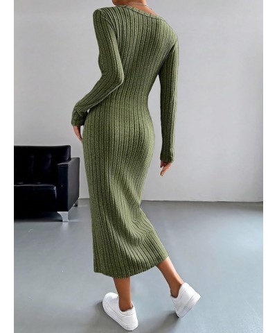 Women's Long Sleeve V Neck Button Down Ribbed Knit Bodycon Long Dress Dark Green $11.75 Sweaters