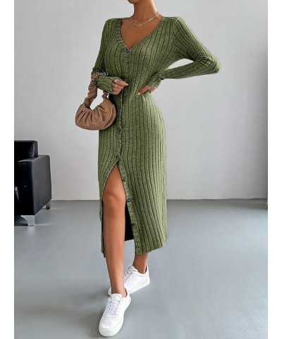 Women's Long Sleeve V Neck Button Down Ribbed Knit Bodycon Long Dress Dark Green $11.75 Sweaters