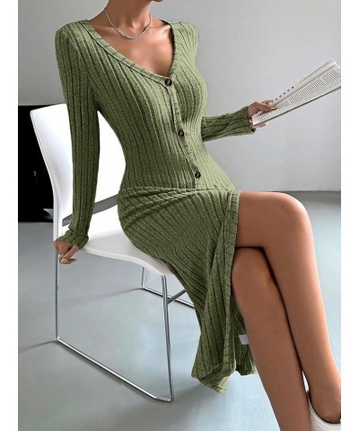 Women's Long Sleeve V Neck Button Down Ribbed Knit Bodycon Long Dress Dark Green $11.75 Sweaters