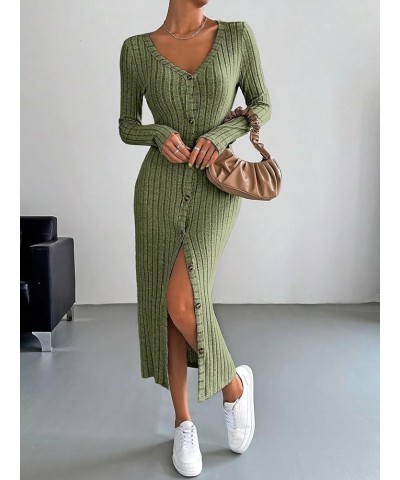 Women's Long Sleeve V Neck Button Down Ribbed Knit Bodycon Long Dress Dark Green $11.75 Sweaters