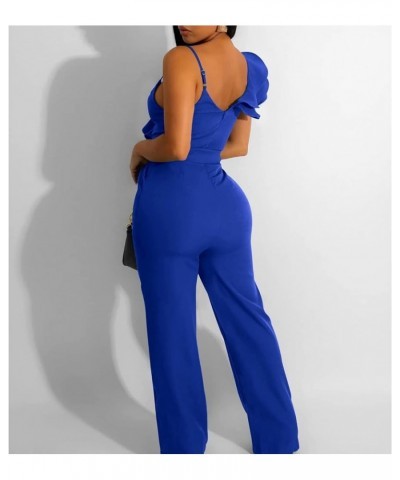 Formal Jumpsuits for Women Lace Slim Long Jumpsuit Pants High Waist Wide Leg Romper With Belt Blue2 $36.17 Jumpsuits