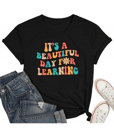 Plus Size Teacher Shirts Tops Women It's a Beautiful Day for Learning Tshirt Oversized Teach Tee Gift Black $14.30 Tops