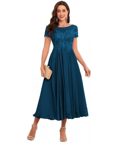 Lace Appliques Tea Length Mother of The Bride Dresses Short Sleeve Evening Gown Peacock $45.60 Dresses