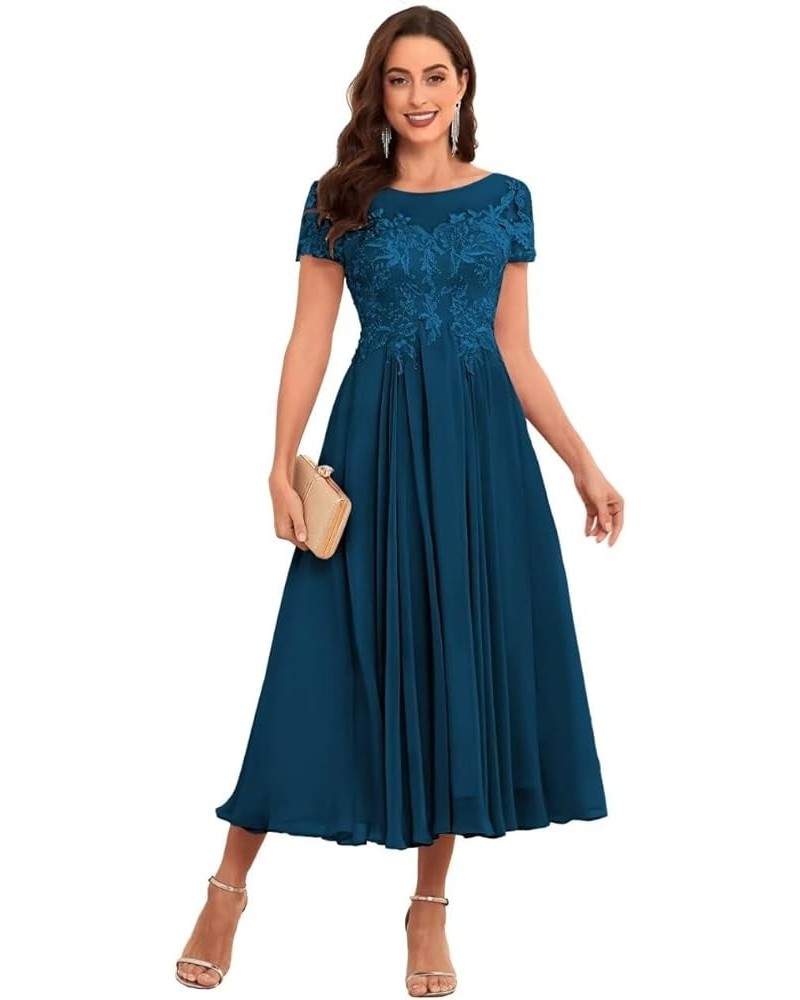 Lace Appliques Tea Length Mother of The Bride Dresses Short Sleeve Evening Gown Peacock $45.60 Dresses