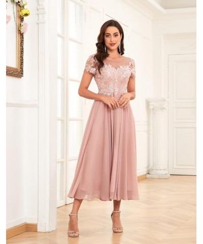 Lace Appliques Tea Length Mother of The Bride Dresses Short Sleeve Evening Gown Peacock $45.60 Dresses