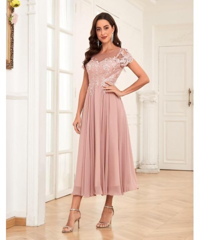 Lace Appliques Tea Length Mother of The Bride Dresses Short Sleeve Evening Gown Peacock $45.60 Dresses