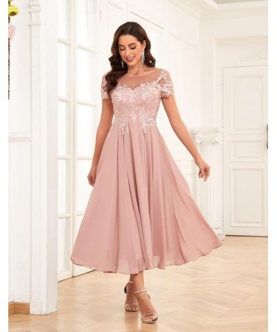 Lace Appliques Tea Length Mother of The Bride Dresses Short Sleeve Evening Gown Peacock $45.60 Dresses