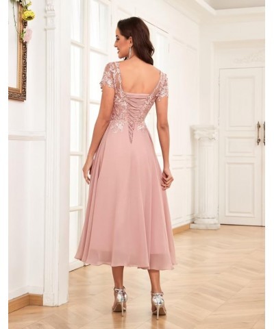 Lace Appliques Tea Length Mother of The Bride Dresses Short Sleeve Evening Gown Peacock $45.60 Dresses