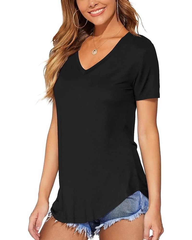 Women Long/Short Sleeve V Neck Curved Hem Tunic Tops T Shirts A-black $13.50 Tops