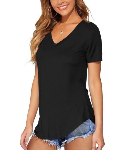 Women Long/Short Sleeve V Neck Curved Hem Tunic Tops T Shirts A-black $13.50 Tops