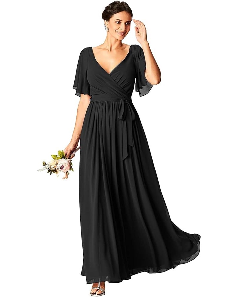 Chiffon V-Neck Short Sleeve Bridesmaid Dresses for Wedding with Pockets Corset Formal Evening Party Gown Black $25.20 Dresses