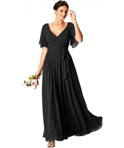 Chiffon V-Neck Short Sleeve Bridesmaid Dresses for Wedding with Pockets Corset Formal Evening Party Gown Black $25.20 Dresses