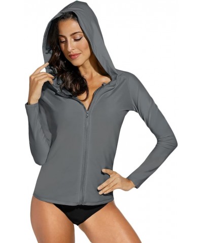 Women's UV Sun Protection Zip Front Long Sleeve Rash Guard Swim Shirt Zipper | Grey $16.80 Swimsuits