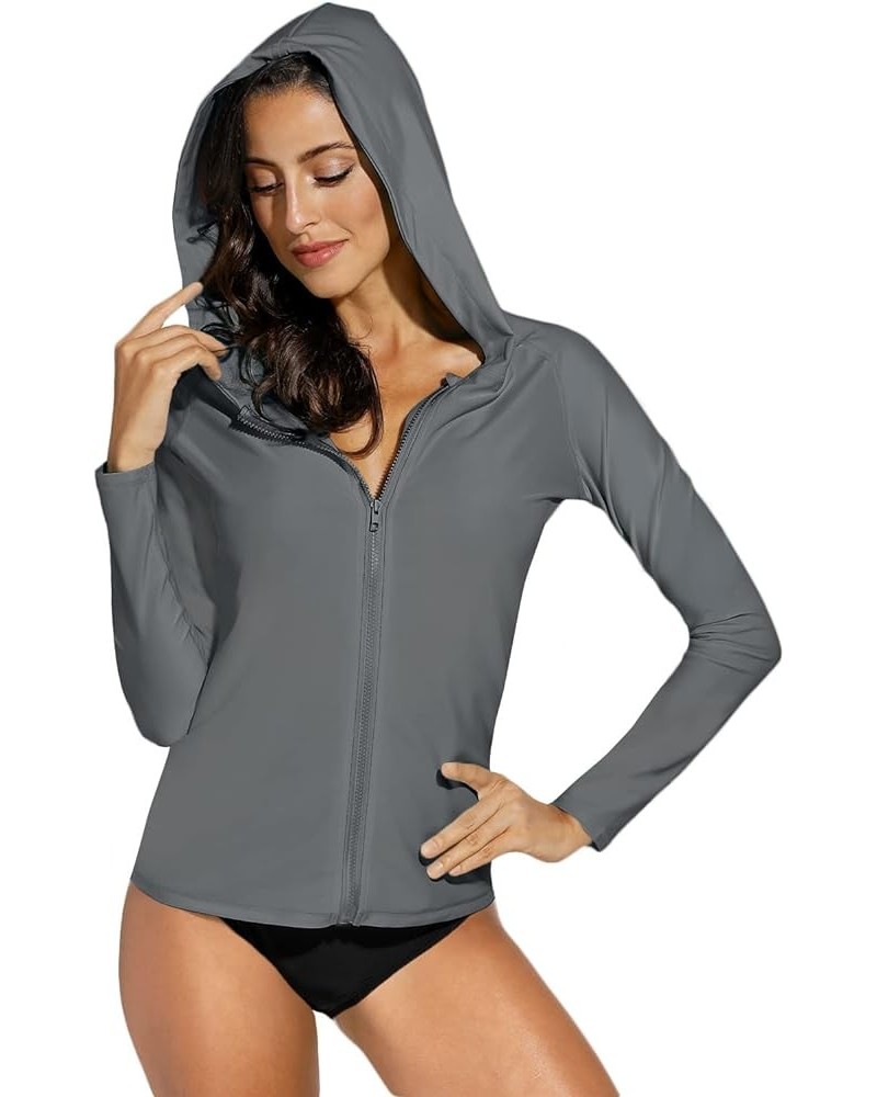 Women's UV Sun Protection Zip Front Long Sleeve Rash Guard Swim Shirt Zipper | Grey $16.80 Swimsuits