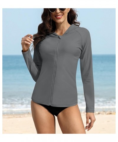 Women's UV Sun Protection Zip Front Long Sleeve Rash Guard Swim Shirt Zipper | Grey $16.80 Swimsuits