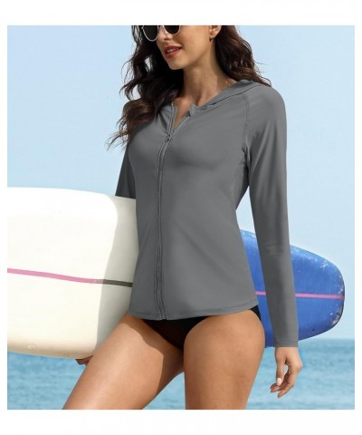 Women's UV Sun Protection Zip Front Long Sleeve Rash Guard Swim Shirt Zipper | Grey $16.80 Swimsuits