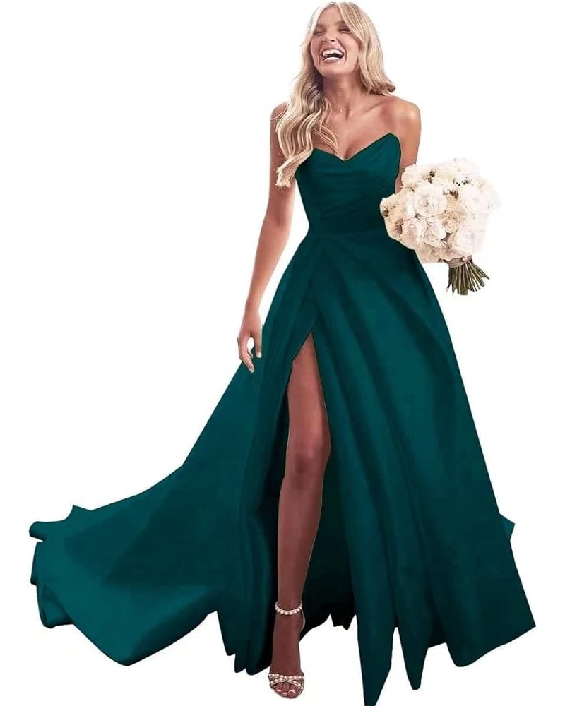 Strapless Satin Prom Dresses Long Ball Gowns with Slit A-Line Pleated Evening Party Dress for Women Formal Teal $33.12 Dresses