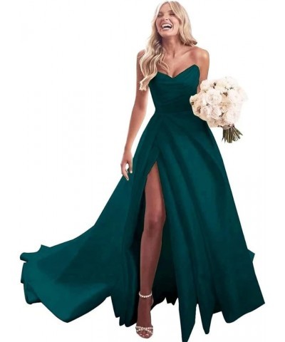 Strapless Satin Prom Dresses Long Ball Gowns with Slit A-Line Pleated Evening Party Dress for Women Formal Teal $33.12 Dresses